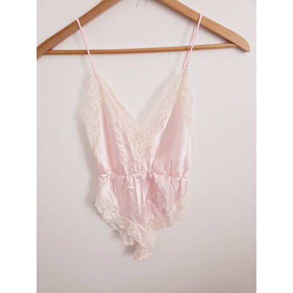 Vintage Teddy Lingerie Silky Satin Lace Pink Ms Leslee V-Neck Bodysuit L Large - Picture 7 of 9